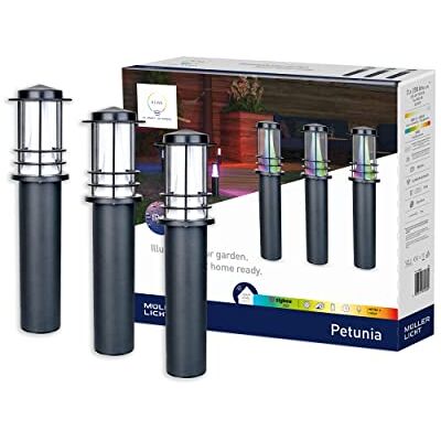 tint Smarta utomhus-LED-gånglampor set med 3 petunia, färgat ljus RGB, färgförändring, 14 W, dimbar, ip44 för utomhusbruk, 9 m kabellängd, Zigbee, fungerar med Alexa tint Smarta utomhus-LED-gånglampor set med 3 petunia, färgat ljus RGB, färgförändring, 14 W, dimbar, ip44 för utomhusbruk, 9 m kabellängd, Zigbee, fungerar med Alexa