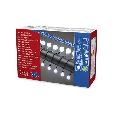 Konstsmide LED-globeljuskedja, små och stora runda dioder, 80 kalla vita dioder, 24 V utomhusterrafo, svart kabel – 3680–207 Konstsmide LED-globeljuskedja, små och stora runda dioder, 80 kalla vita dioder, 24 V utomhusterrafo, svart kabel – 3680–207