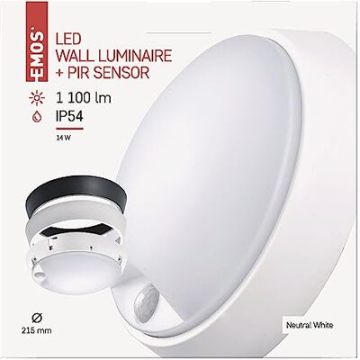EMOS LED-vägglampa och taklampa med rörelsedetektor, rund, IP54-vattentät, 14 W utomhu för balkong, källare, garage, utomhus, 1 000 lm, neutral vit 4 000 K, Ø 21,5 cm, ZM3231, 21,5 cm EMOS LED-vägglampa och taklampa med rörelsedetektor, rund, IP54-vattentät, 14 W utomhu för balkong, källare, garage, utomhus, 1 000 lm, neutral vit 4 000 K, Ø 21,5 cm, ZM3231, 21,5 cm