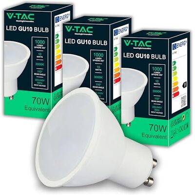 V-TAC 3x GU10-10W LED-lampor med hög ljusstyrka (70W motsvarande) 1 000 lumen GU10 LED-spotlight för maximal effektivitet och energibesparing varmvit 3 000 K V-TAC 3x GU10-10W LED-lampor med hög ljusstyrka (70W motsvarande) 1 000 lumen GU10 LED-spotlight för maximal effektivitet och energibesparing varmvit 3 000 K