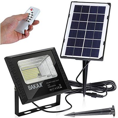 BAKAJI 10 W utomhus-LED-projektor med solpanel, 8 000 K vitt ljus, ultrastarkt ljus, 200 lm, strålkastarlampa med fjärrkontroll, timerfunktion och IP65-skymningssensor BAKAJI 10 W utomhus-LED-projektor med solpanel, 8 000 K vitt ljus, ultrastarkt ljus, 200 lm, strålkastarlampa med fjärrkontroll, timerfunktion och IP65-skymningssensor