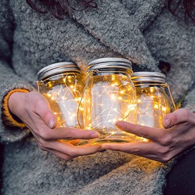 Gadgy ® Solcellslykta Mason Jar glaslykta Fairy Lights Small (3 stycken) 20 varmvita lysdioder Glasslykta med LED slinga för utomhusbruk Trädgårdslykta Gadgy ® Solcellslykta Mason Jar glaslykta Fairy Lights Small (3 stycken) 20 varmvita lysdioder Glasslykta med LED slinga för utomhusbruk Trädgårdslykta