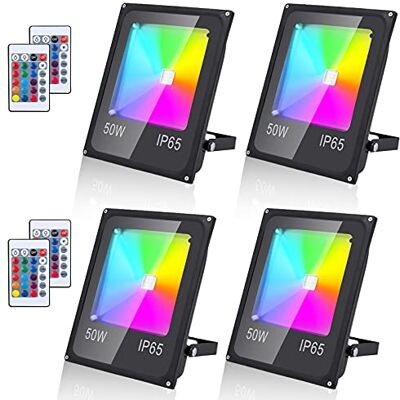 SWANEW RGB strålkastare 50 W 4 delar, LED strålkastare med dimbar fjärrkontroll, RGB strålkastare färgglada 16 färger 4 lägen, IP65 vattentät utomhusstrålkastare minnesfunktion för trädgård jul SWANEW RGB strålkastare 50 W 4 delar, LED strålkastare med dimbar fjärrkontroll, RGB strålkastare färgglada 16 färger 4 lägen, IP65 vattentät utomhusstrålkastare minnesfunktion för trädgård jul