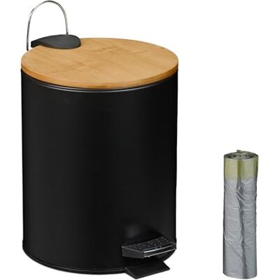 Relaxdays Kosmetikahink 5 L, automatisk sänkning, avtagbar innerhink för badrum, metall, bambu, soppåse, svart Relaxdays Kosmetikahink 5 L, automatisk sänkning, avtagbar innerhink för badrum, metall, bambu, soppåse, svart