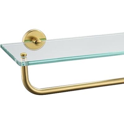 JQK Badrum glashylla, hylla med 40 cm handduksstång härdat glas duschförvaring 40 x 12,7 cm, 304 rostfritt stål borstad guld väggmontering, TGS100-BG JQK Badrum glashylla, hylla med 40 cm handduksstång härdat glas duschförvaring 40 x 12,7 cm, 304 rostfritt stål borstad guld väggmontering, TGS100-BG