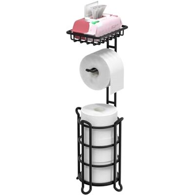 TreeLen Svart fristående toalettpappershållare – pappersrulle dispenser med hylla – rymmer extra megabullar – matt svart finish TreeLen Svart fristående toalettpappershållare – pappersrulle dispenser med hylla – rymmer extra megabullar – matt svart finish