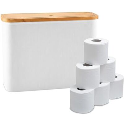 Relaxdays Toalettpappersförvaring, 12 rullar, H x B x D: 34,5 x 45 x 15 cm, tyg, bambu, reservrullehållare, vit Relaxdays Toalettpappersförvaring, 12 rullar, H x B x D: 34,5 x 45 x 15 cm, tyg, bambu, reservrullehållare, vit
