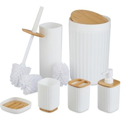 Relaxdays Badrumsset, 6 delar, badrumstillbehör plast och bambu, komplett badrumstillbehörsset, badrumsset, vit/natur Relaxdays Badrumsset, 6 delar, badrumstillbehör plast och bambu, komplett badrumstillbehörsset, badrumsset, vit/natur