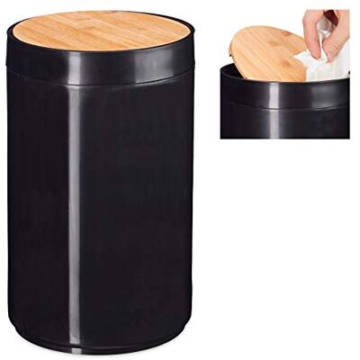 Relaxdays Kosmetikabehållare, bambu svänglock, modern badrum soptunna, plast, 5,5 L, H x D: 26,5 x 18 cm, svart Relaxdays Kosmetikabehållare, bambu svänglock, modern badrum soptunna, plast, 5,5 L, H x D: 26,5 x 18 cm, svart