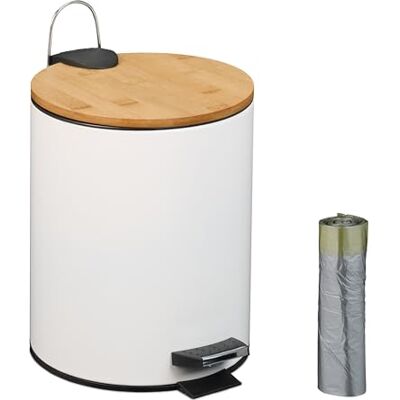 Relaxdays Kosmetikahink 5 L, automatisk sänkning, avtagbar innerhink för badrum, metall, bambu, med soppåsar, vit Relaxdays Kosmetikahink 5 L, automatisk sänkning, avtagbar innerhink för badrum, metall, bambu, med soppåsar, vit