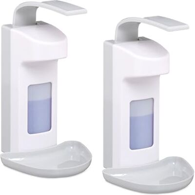 Relaxdays tvåldispenser, set med 2, 500 ml, droppbricka, spak, sanitiseringsbehållare, väggmontering, hygienisk, vit/grå, 29 x 16 x 18 cm Relaxdays tvåldispenser, set med 2, 500 ml, droppbricka, spak, sanitiseringsbehållare, väggmontering, hygienisk, vit/grå, 29 x 16 x 18 cm