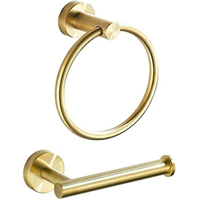 BATHSIR Guld handduksring set, badrum hårdvara inkluderar toalettpappershållare och handdukshållare väggmonterad borstad guld badrumstillbehör 2 delar rostfritt stål BATHSIR Guld handduksring set, badrum hårdvara inkluderar toalettpappershållare och handdukshållare väggmonterad borstad guld badrumstillbehör 2 delar rostfritt stål