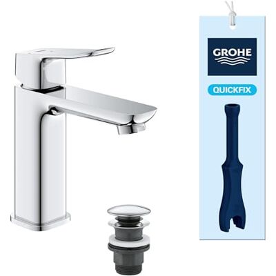 Grohe Dice Smooth Body Basin Tap with Push-Open Waste Set (M-Size, 28 mm Ceramic Cartridge, Energy Efficient & Extra Water Saving Low Flow, Tails 3/8 Inch, QuickTool Included), Chrome, 1018350000 Grohe Dice Smooth Body Basin Tap with Push-Open Waste Set (M-Size, 28 mm Ceramic Cartridge, Energy Efficient & Extra Water Saving Low Flow, Tails 3/8 Inch, QuickTool Included), Chrome, 1018350000