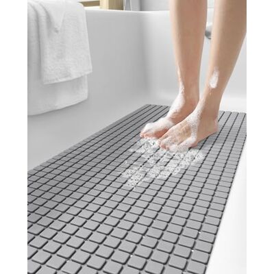 DEXI Badkarsmatta halkfri BPA-fri latexfri maskintvättbar duschmattor med sugkoppar och dräneringshål extra lång 40 x 90 cm grå DEXI Badkarsmatta halkfri BPA-fri latexfri maskintvättbar duschmattor med sugkoppar och dräneringshål extra lång 40 x 90 cm grå