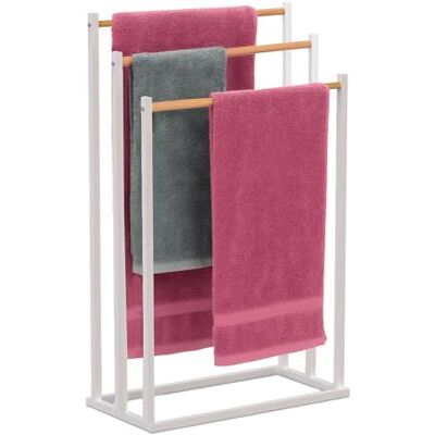 Relaxdays handduksställ, H x B x D: 76 x 45 x 21,5 cm, metall, bambu, 3 stänger, stående handdukshållare, badrum, vit/natur Relaxdays handduksställ, H x B x D: 76 x 45 x 21,5 cm, metall, bambu, 3 stänger, stående handdukshållare, badrum, vit/natur