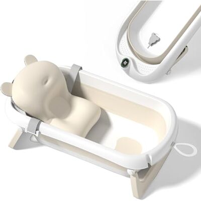 SUPERBE BEBE Hopfällbart babybadkar med halkfri badkudde/badkar XXL med termometer för att kontrollera vattentemperaturen/3-nivås badkar från födsel till 2 år SUPERBE BEBE Hopfällbart babybadkar med halkfri badkudde/badkar XXL med termometer för att kontrollera vattentemperaturen/3-nivås badkar från födsel till 2 år