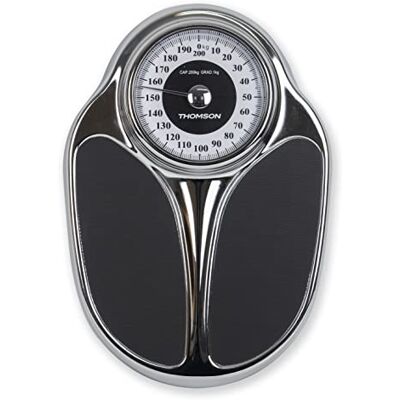 Thomson Trad Mass mekanisk personvåg upp till 200 kg bred halkfri platta optimal läsbarhet vintagestil, kromfinish utan batteri Thomson Trad Mass mekanisk personvåg upp till 200 kg bred halkfri platta optimal läsbarhet vintagestil, kromfinish utan batteri