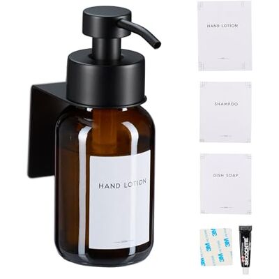 Relaxdays Tvåldispenser, 1-del, 250 ml, glas, rostfritt stål, väggmonterad, självhäftande, saniteringspump, brun/svart Relaxdays Tvåldispenser, 1-del, 250 ml, glas, rostfritt stål, väggmonterad, självhäftande, saniteringspump, brun/svart