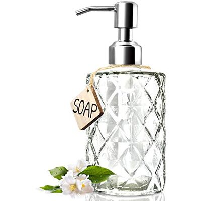 JASAI Diamond Design Tvåldispenser i glas med pump i rostfritt stål 304 badrum tvåldispenser för handtvål, tvål, lotion (transparent) JASAI Diamond Design Tvåldispenser i glas med pump i rostfritt stål 304 badrum tvåldispenser för handtvål, tvål, lotion (transparent)