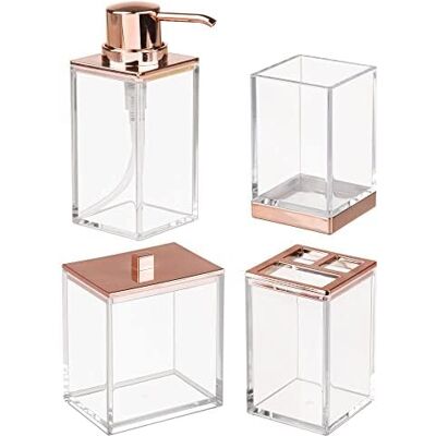 mDesign Set med sminkbord i plast – inkluderar tvåldispenserpump, delad tandborsthållare, sköljkopp för tumlare, förvaringsbehållare – 4 delar – klar/roséguld mDesign Set med sminkbord i plast – inkluderar tvåldispenserpump, delad tandborsthållare, sköljkopp för tumlare, förvaringsbehållare – 4 delar – klar/roséguld