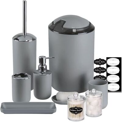 IMAVO Badrumstillbehör set – 8 st grå badrumstillbehör set med papperskorg, tvåldispenser, tvålfat, tandborsthållare, tandborstkopp, toalettborsthållare, fingerhållare dispenser med etiketter IMAVO Badrumstillbehör set – 8 st grå badrumstillbehör set med papperskorg, tvåldispenser, tvålfat, tandborsthållare, tandborstkopp, toalettborsthållare, fingerhållare dispenser med etiketter