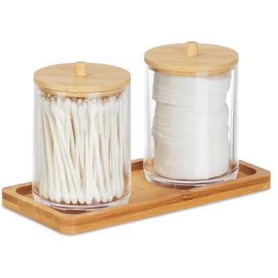 Relaxdays bomullspinnbehållare med bricka, 2 koppar med lock, kosmetisk arrangör plast/bambu, transparent/naturlig Relaxdays bomullspinnbehållare med bricka, 2 koppar med lock, kosmetisk arrangör plast/bambu, transparent/naturlig