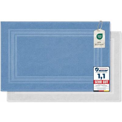 Komfortec Badrumsmatta set i 2 delar, frottéduschdraperi, tvättbar duschmatta och badmatta, 600 g/m² och 100% bomull, absorberande och snabbtorkande, 50 x 70 cm, ljusblå/vit Komfortec Badrumsmatta set i 2 delar, frottéduschdraperi, tvättbar duschmatta och badmatta, 600 g/m² och 100% bomull, absorberande och snabbtorkande, 50 x 70 cm, ljusblå/vit