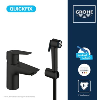 Grohe Start Edge QuickFix – Basin Tap with Bidet Trigger Spray Hand Shower Set (S-Size, 35mm Ceramic Cartridge, Water Saving, Integrated Diverter, Tails 3/8 Inch, Tool Included), Matt Black, 237732431 Grohe Start Edge QuickFix – Basin Tap with Bidet Trigger Spray Hand Shower Set (S-Size, 35mm Ceramic Cartridge, Water Saving, Integrated Diverter, Tails 3/8 Inch, Tool Included), Matt Black, 237732431