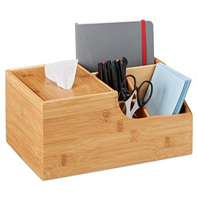 Relaxdays Kontorsorganisatör, för kontorsmaterial och smink, 4 fack med dukslåda, bambu, H x B x D: 14 x 29 x 19,5 cm, natur Relaxdays Kontorsorganisatör, för kontorsmaterial och smink, 4 fack med dukslåda, bambu, H x B x D: 14 x 29 x 19,5 cm, natur