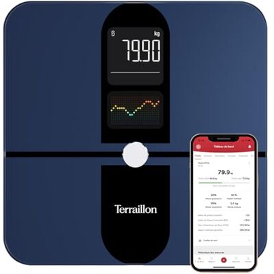 Terraillon COLOR CONNECT Bluetooth-ansluten våg, hjärtfrekvens, massa: fett-muskel-vattenben, BMI, kapacitet 180 kg, 50 g gradering, multidisplay färgskärm, blå Terraillon COLOR CONNECT Bluetooth-ansluten våg, hjärtfrekvens, massa: fett-muskel-vattenben, BMI, kapacitet 180 kg, 50 g gradering, multidisplay färgskärm, blå