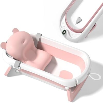 SUPERBE BEBE Hopfällbart babybadkar med halkfri badkudde/badkar XXL med termometer för att kontrollera vattentemperaturen/3-nivås badkar från födsel till 2 år SUPERBE BEBE Hopfällbart babybadkar med halkfri badkudde/badkar XXL med termometer för att kontrollera vattentemperaturen/3-nivås badkar från födsel till 2 år