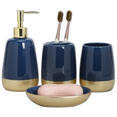Generic Navy Blue Gold Luxury Bathroom Accessories Set 4 Pieces,Vanity Countertop Ceramic Accessory Set for Bathroom Decor with Soap Dispenser,Toothbrush Holder, Tumbler,Soap Dish (Navy Blue) Generic Navy Blue Gold Luxury Bathroom Accessories Set 4 Pieces,Vanity Countertop Ceramic Accessory Set for Bathroom Decor with Soap Dispenser,Toothbrush Holder, Tumbler,Soap Dish (Navy Blue)