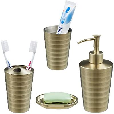 Relaxdays Badrumsset, 4 delar, tvåldispenser, tvålskål, tandborstkopp, tandborsthållare, rostfritt stål, guld Relaxdays Badrumsset, 4 delar, tvåldispenser, tvålskål, tandborstkopp, tandborsthållare, rostfritt stål, guld
