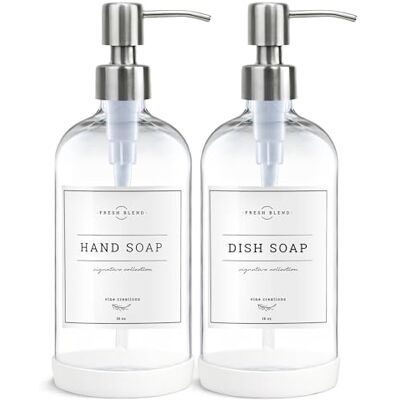 Vine Creations genomskinligt tvåldispenser i glas 2-pack, tjocka flaskor på 4,7 dl i rostfritt stål, pump, kökstillbehör, handtvål och disktvåldispenser, med vattentäta etiketter (silver) Vine Creations genomskinligt tvåldispenser i glas 2-pack, tjocka flaskor på 4,7 dl i rostfritt stål, pump, kökstillbehör, handtvål och disktvåldispenser, med vattentäta etiketter (silver)