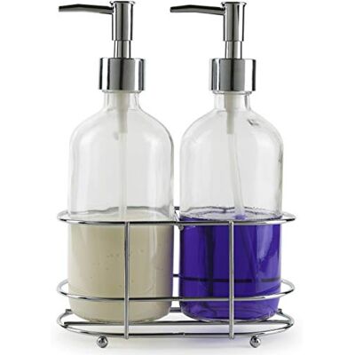 Circleware 32469 Duo tvåldispenser silver accent flaskpumpar i metall caddy, heminredning set med 2, glas, klar Circleware 32469 Duo tvåldispenser silver accent flaskpumpar i metall caddy, heminredning set med 2, glas, klar