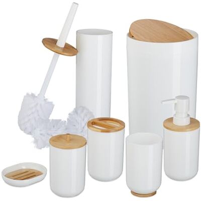 Relaxdays Badrumsset, 7 delar, badrumstillbehör plast och bambu, komplett badrumstillbehörsset, badrumsset, vit/natur Relaxdays Badrumsset, 7 delar, badrumstillbehör plast och bambu, komplett badrumstillbehörsset, badrumsset, vit/natur