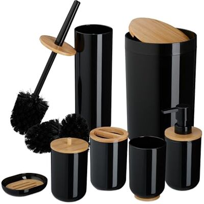 Relaxdays Badrumsset, 7 delar, badrumstillbehör plast och bambu, komplett badrumstillbehörsset, badrumsset, svart/natur Relaxdays Badrumsset, 7 delar, badrumstillbehör plast och bambu, komplett badrumstillbehörsset, badrumsset, svart/natur