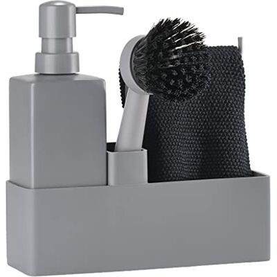 Zone diskmaskinset, diskmaskinshållare med tvål-/diskmedelsdispenser, disktrasa och diskborste, 19 x 6 x 20,5 cm, set om 4 delar, grå Zone diskmaskinset, diskmaskinshållare med tvål-/diskmedelsdispenser, disktrasa och diskborste, 19 x 6 x 20,5 cm, set om 4 delar, grå