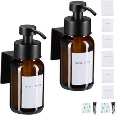 Relaxdays tvåldispenser, set med 2, 250 ml, glas, rostfritt stål, väggmonterad, självhäftande, saniteringspump, brun/svart Relaxdays tvåldispenser, set med 2, 250 ml, glas, rostfritt stål, väggmonterad, självhäftande, saniteringspump, brun/svart