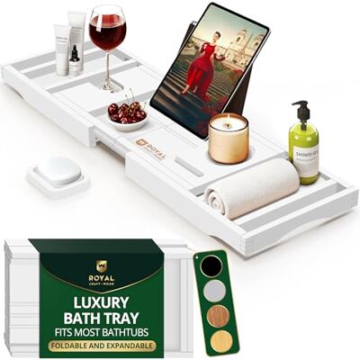 ROYAL CRAFT WOOD ROYAL CRAFT TROOD Lyxig badkarsbricka, 1 eller 2 personer, bad- och sängbricka, badkar, bordshylla med förlängande sidor, justerbar organiseringsbricka för badrum – gratis tvålskål (vit) ROYAL CRAFT WOOD ROYAL CRAFT TROOD Lyxig badkarsbricka, 1 eller 2 personer, bad- och sängbricka, badkar, bordshylla med förlängande sidor, justerbar organiseringsbricka för badrum – gratis tvålskål (vit)