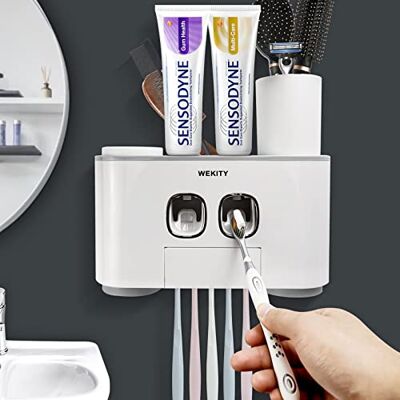 Wekity Tandborsthållare väggmonterad, multifunktionell automatisk tandborste och tandkrämsklämsats med 4 koppar, 5 tandborstspår och 2 tandkrämsdispenser, enkel att installera Wekity Tandborsthållare väggmonterad, multifunktionell automatisk tandborste och tandkrämsklämsats med 4 koppar, 5 tandborstspår och 2 tandkrämsdispenser, enkel att installera