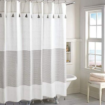 Peri Home Panama randig boho bondgård tofs duschdraperi 100% bomullstyg duschdraperi med tofsar för badrumsdekor, 183 x 183 cm, grå Peri Home Panama randig boho bondgård tofs duschdraperi 100% bomullstyg duschdraperi med tofsar för badrumsdekor, 183 x 183 cm, grå