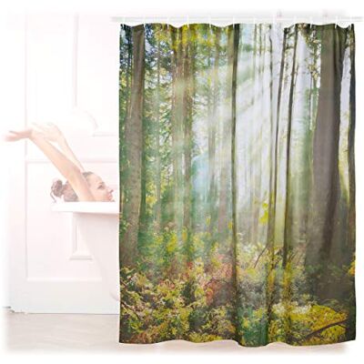 Relaxdays duschdraperi skog landskap, naturmotiv, polyester, tvättbar, antimögel, badkarsgardin 180 x 180, grön Relaxdays duschdraperi skog landskap, naturmotiv, polyester, tvättbar, antimögel, badkarsgardin 180 x 180, grön
