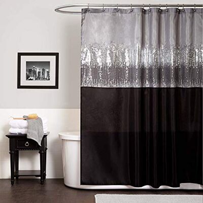 Lush Decor Frodig dekor natthimmel duschdraperi, enkel, 183 cm B x 183 cm L, svart och grå – duschdraperi med paljett – glittrande färgblock duschdraperi – modern glam badrumsdekor Lush Decor Frodig dekor natthimmel duschdraperi, enkel, 183 cm B x 183 cm L, svart och grå – duschdraperi med paljett – glittrande färgblock duschdraperi – modern glam badrumsdekor