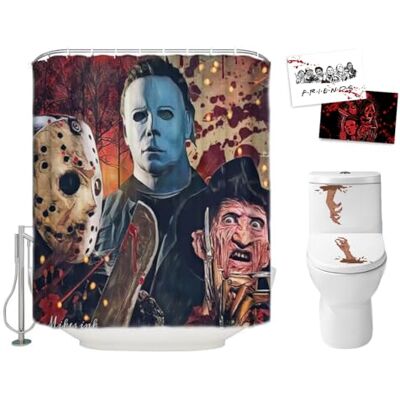 Hdem Halloween duschdraperi set för badrum – skrämmande dödare Freddy Jason Michael, skräckfilm tema högtid polyester tygdekoration med krokar och toalettklistermärken, julfestdekor 72 x 72 Hdem Halloween duschdraperi set för badrum – skrämmande dödare Freddy Jason Michael, skräckfilm tema högtid polyester tygdekoration med krokar och toalettklistermärken, julfestdekor 72 x 72