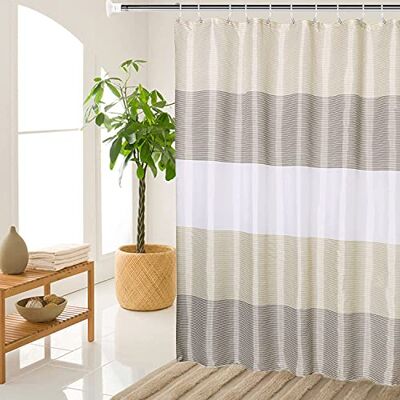 MORNITE Beige duschdraperier för badrum, duschdraperi guldbrunt brungrått vitt neutralt randigt vattentätt tyg med 12 plastkrokar, 183 cm x 183 cm MORNITE Beige duschdraperier för badrum, duschdraperi guldbrunt brungrått vitt neutralt randigt vattentätt tyg med 12 plastkrokar, 183 cm x 183 cm