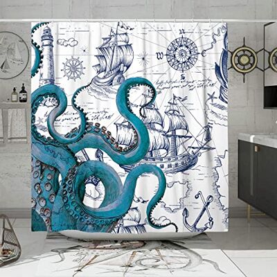 DESIHOM Blå nautisk bläckfisk duschdraperiset, roliga havskraken duschdraperier för badrum, strand kust pirat kartdekor polyestertyg – 183 cm x 183 cm DESIHOM Blå nautisk bläckfisk duschdraperiset, roliga havskraken duschdraperier för badrum, strand kust pirat kartdekor polyestertyg – 183 cm x 183 cm