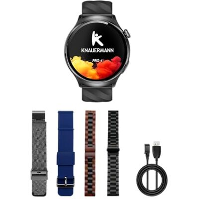 Knauermann PRO 4 (2026) rund svart – EKG hälsoklocka blodtryck, puls och sömnanalys, telefoni, IP67, exklusivt paket med 4 armband Knauermann PRO 4 (2026) rund svart – EKG hälsoklocka blodtryck, puls och sömnanalys, telefoni, IP67, exklusivt paket med 4 armband