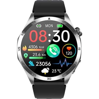 Knauermann VALDUS PRO 3 Edition rund (2025) silver, hälsoklocka smartklocka med telefonifunktion, EKG Plus HRV och SOS-funktion, BT Bluetooth, sömnapné, silikonband svart, 14–24, Vanlig Knauermann VALDUS PRO 3 Edition rund (2025) silver, hälsoklocka smartklocka med telefonifunktion, EKG Plus HRV och SOS-funktion, BT Bluetooth, sömnapné, silikonband svart, 14–24, Vanlig