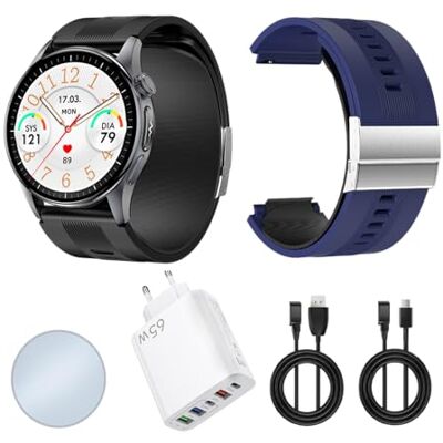 Knauermann PRO 4 Air (2026) Smartwatch och fitnesstracker kvinnor och män, AMOLED Always-On, IP66, Bluetooth 5.3, upp till 25 dagars batteri, Android och iOS, svart – rund, premiumpaket Knauermann PRO 4 Air (2026) Smartwatch och fitnesstracker kvinnor och män, AMOLED Always-On, IP66, Bluetooth 5.3, upp till 25 dagars batteri, Android och iOS, svart – rund, premiumpaket